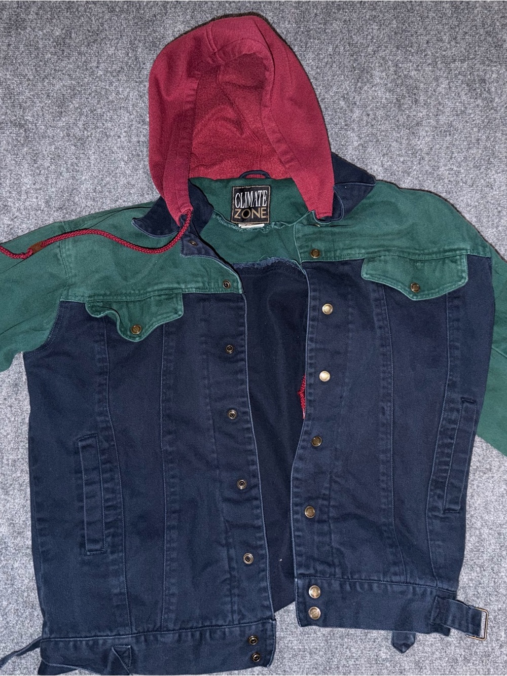 90s Climate Zone Colorblock Hooded Denim Jacket - Navy, Green & Red Vintage